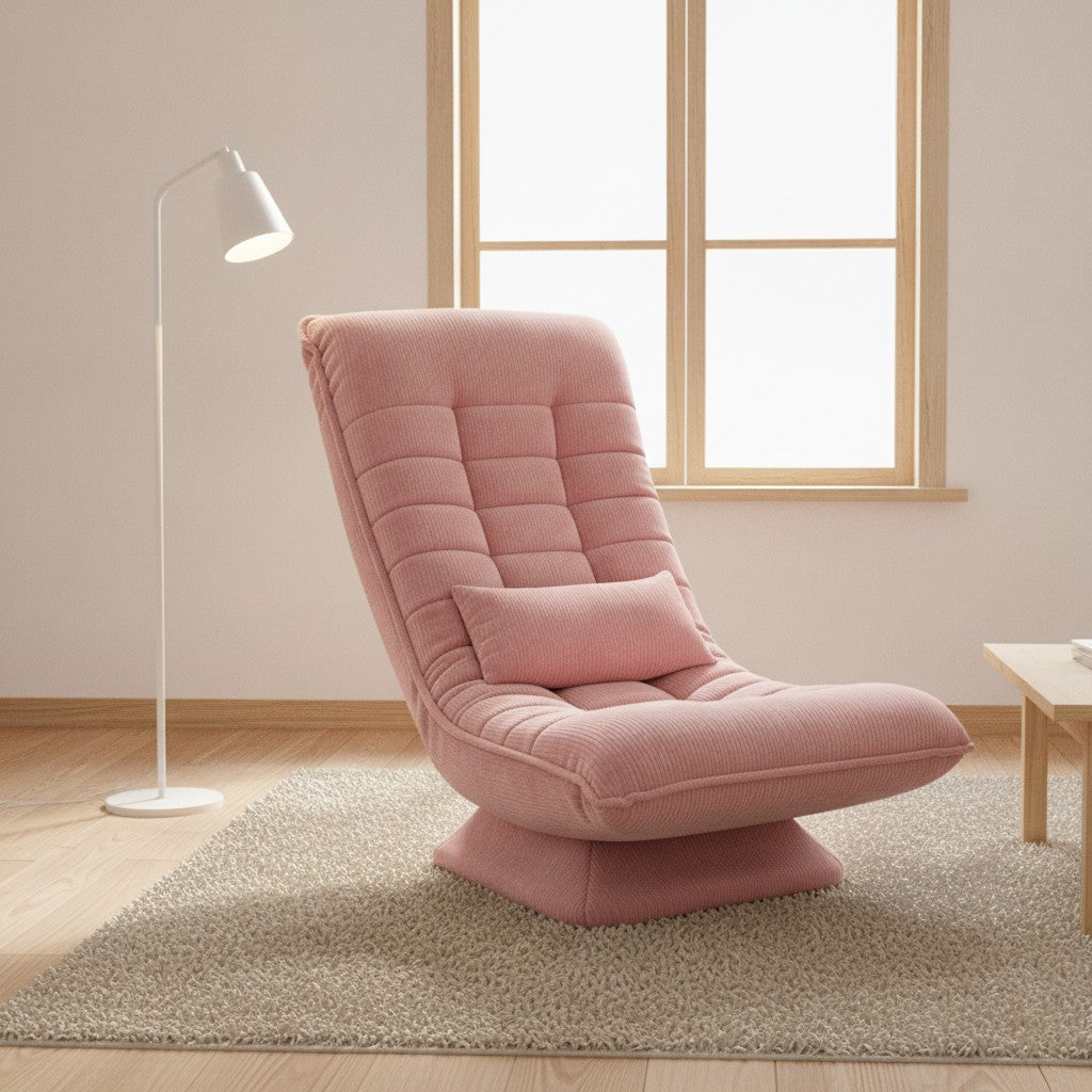 Fauteuil Relax Velours Côtelé Inclinable et Pivotant rose dans un salon scandinave lumineux