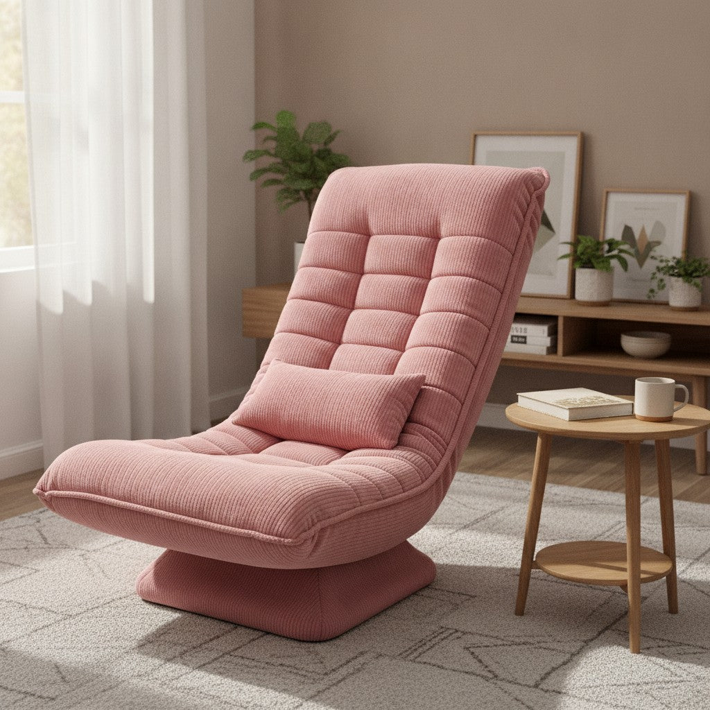 Fauteuil Relax Velours Côtelé Inclinable et Pivotant rose dans un salon chaleureux