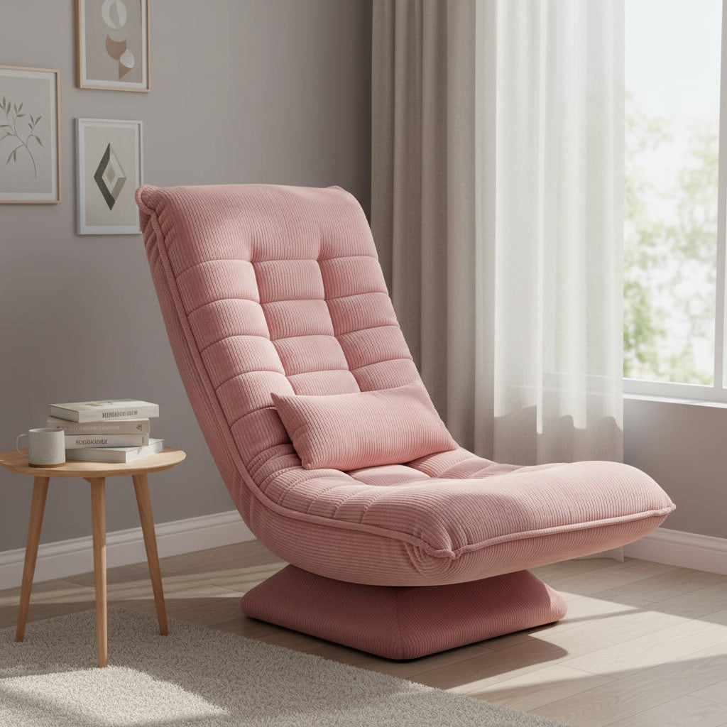 Fauteuil Relax Velours Côtelé Inclinable et Pivotant rose dans un coin lecture de chambre