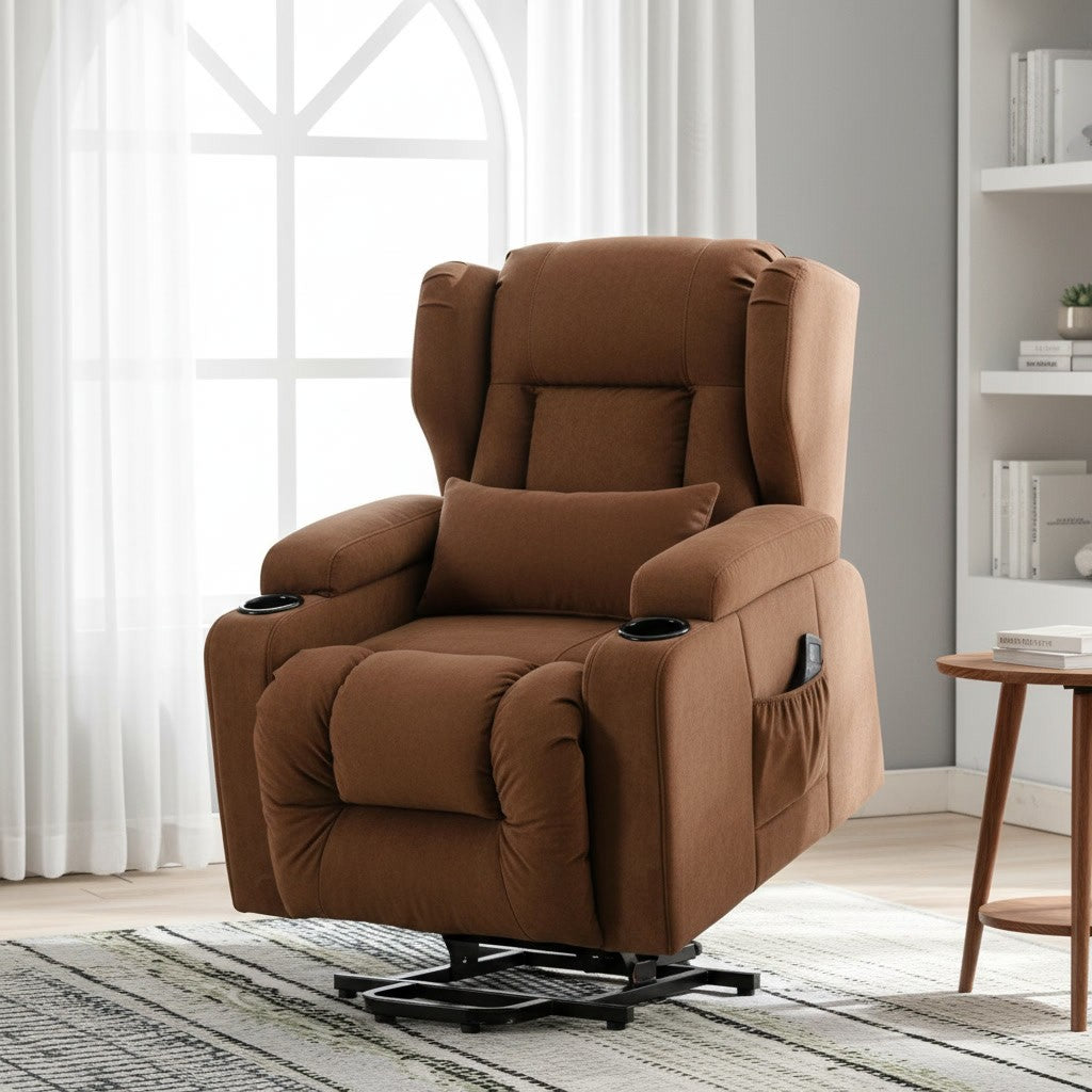 Fauteuil Relaxation Électrique Releveur avec Massage marron dans un coin lecture de chambre