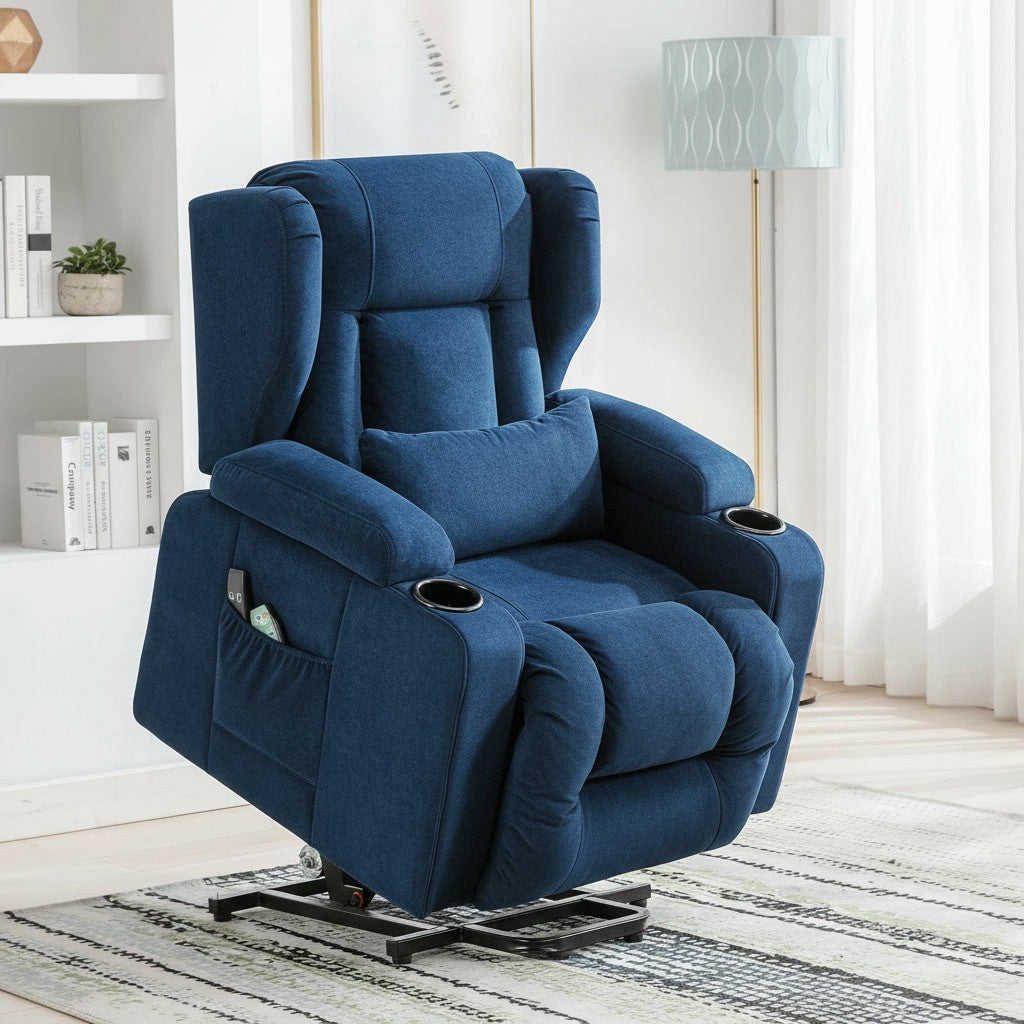Fauteuil Relaxation Électrique Releveur avec Massage bleu dans un salon scandinave lumineux