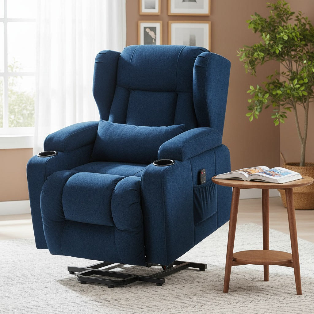 Fauteuil Relaxation Électrique Releveur avec Massage bleu dans un salon chaleureux