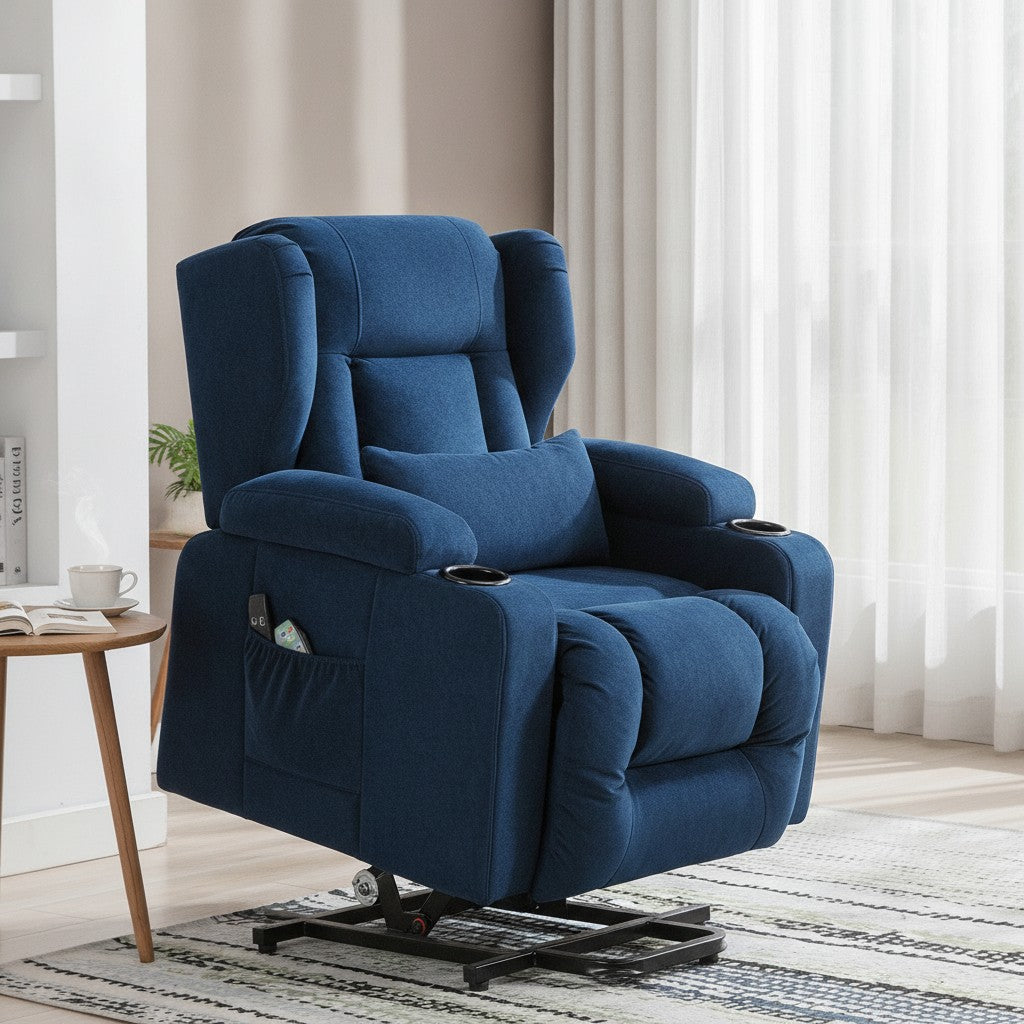 Fauteuil Relaxation Électrique Releveur avec Massage bleu dans un coin lecture de chambre