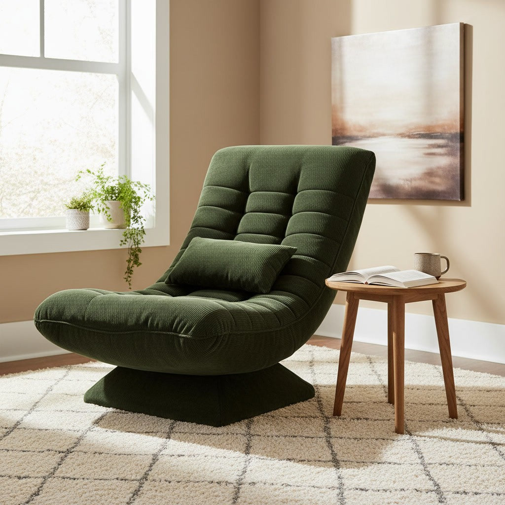 Fauteuil Relax Velours Côtelé Inclinable et Pivotant dans un salon avec table d'appoint