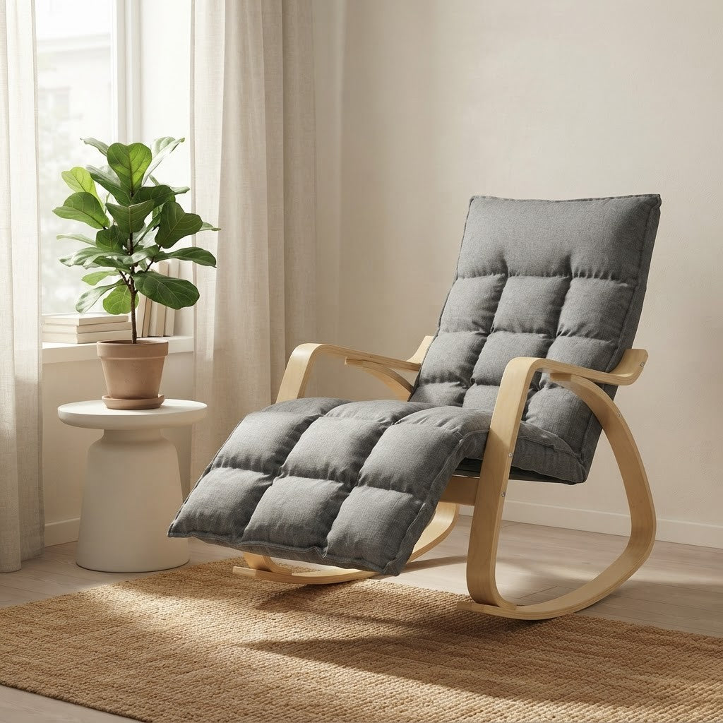 Fauteuil à Bascule Bois de Bouleau avec Repose-Pieds près d'une fenêtre