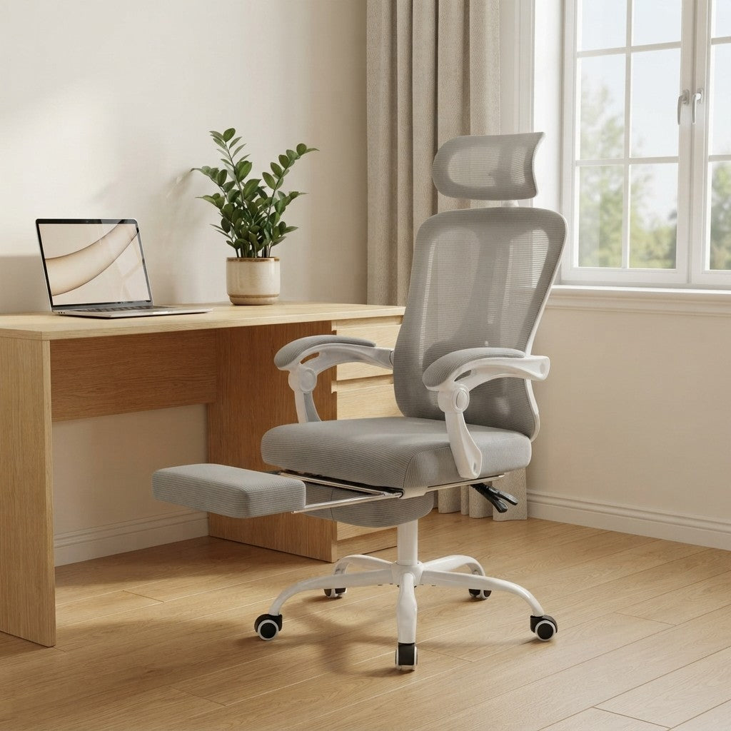 Chaise ergonomique à dossier haut et repose-pieds dans un coin bureau lumineux