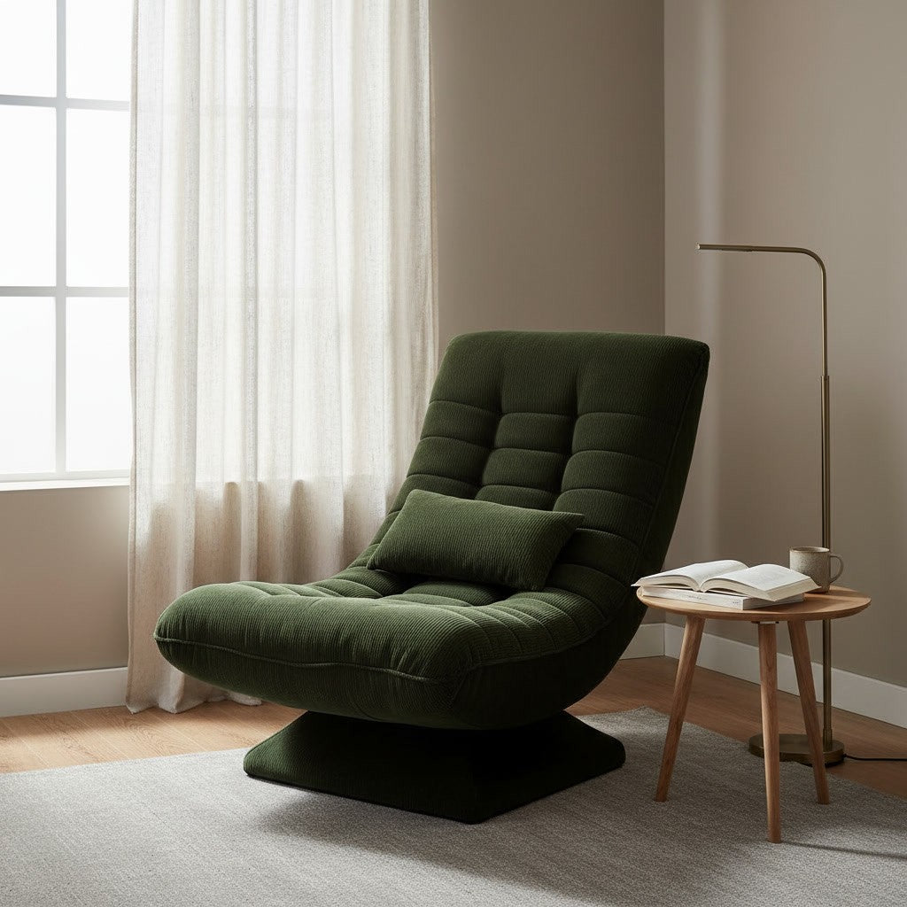 Fauteuil Relax Velours Côtelé Inclinable et Pivotant dans un coin lecture de chambre