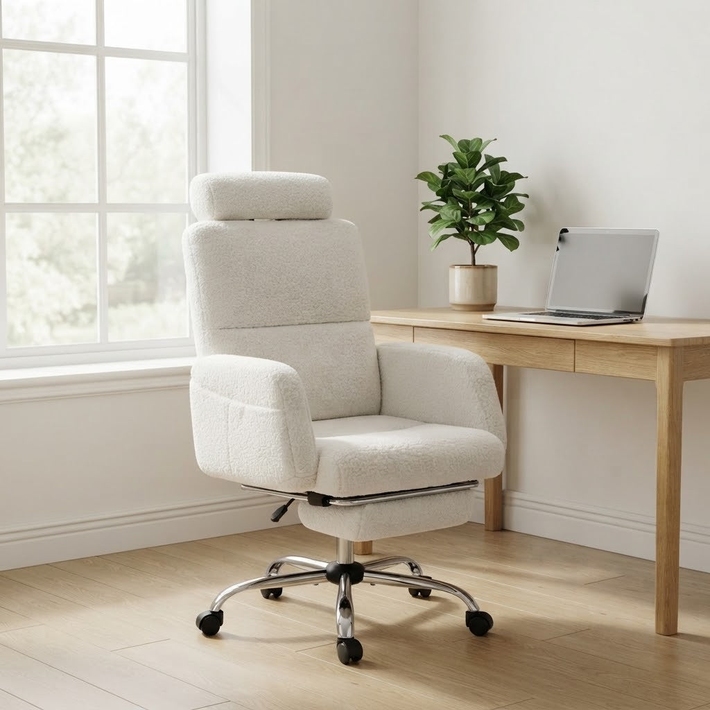 Chaise de Bureau Bouclette avec Repose-Pieds dans un coin bureau lumineux