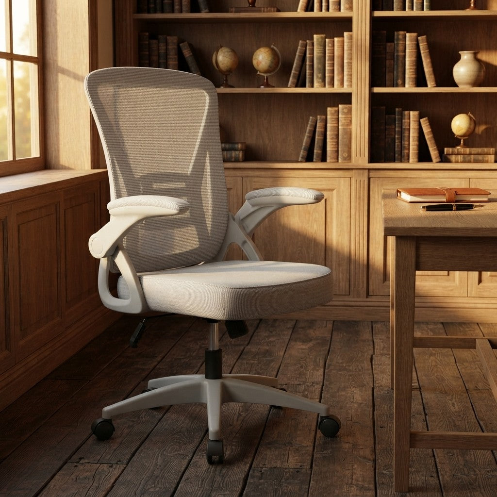 Chaise Ergonomique à Accoudoirs Réglables en Maille dans un bureau avec bibliothèque