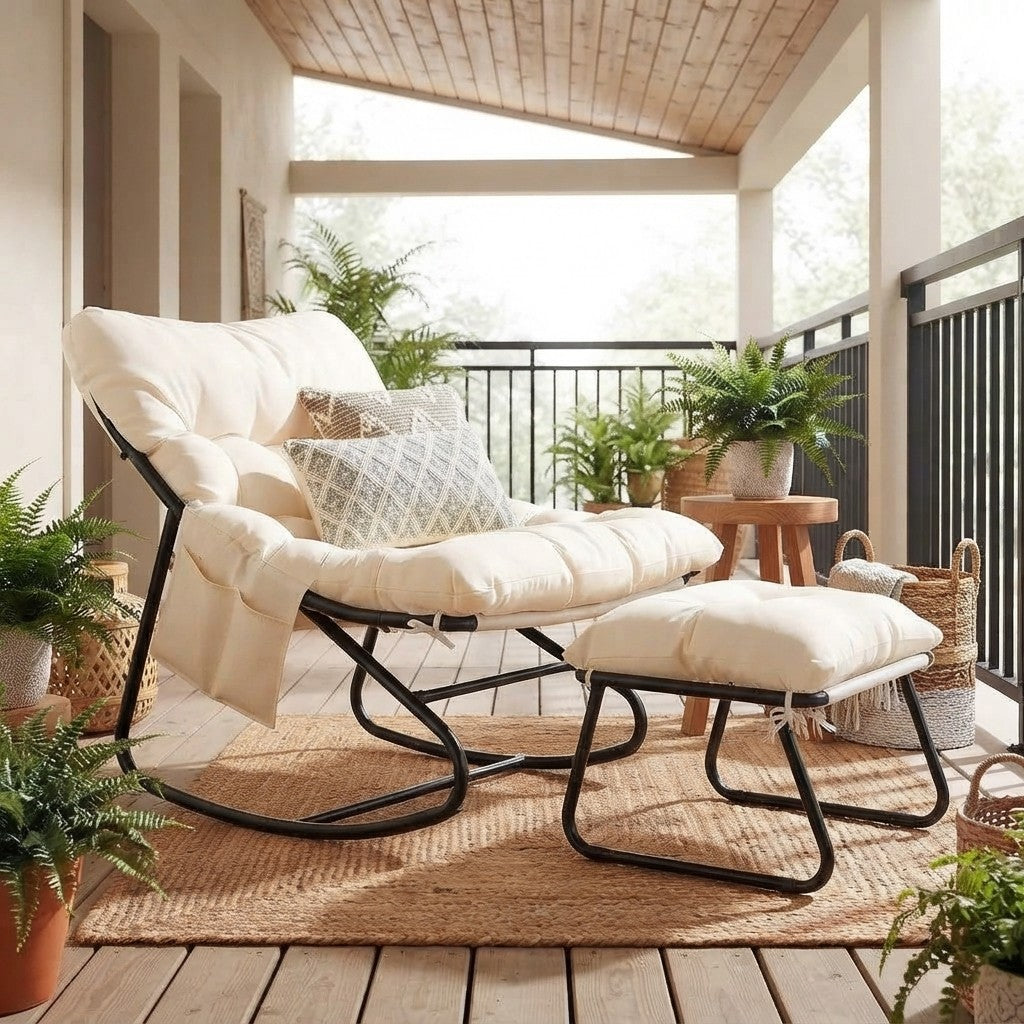 Fauteuil à Bascule Extérieur avec Repose-Pieds sur une terrasse couverte