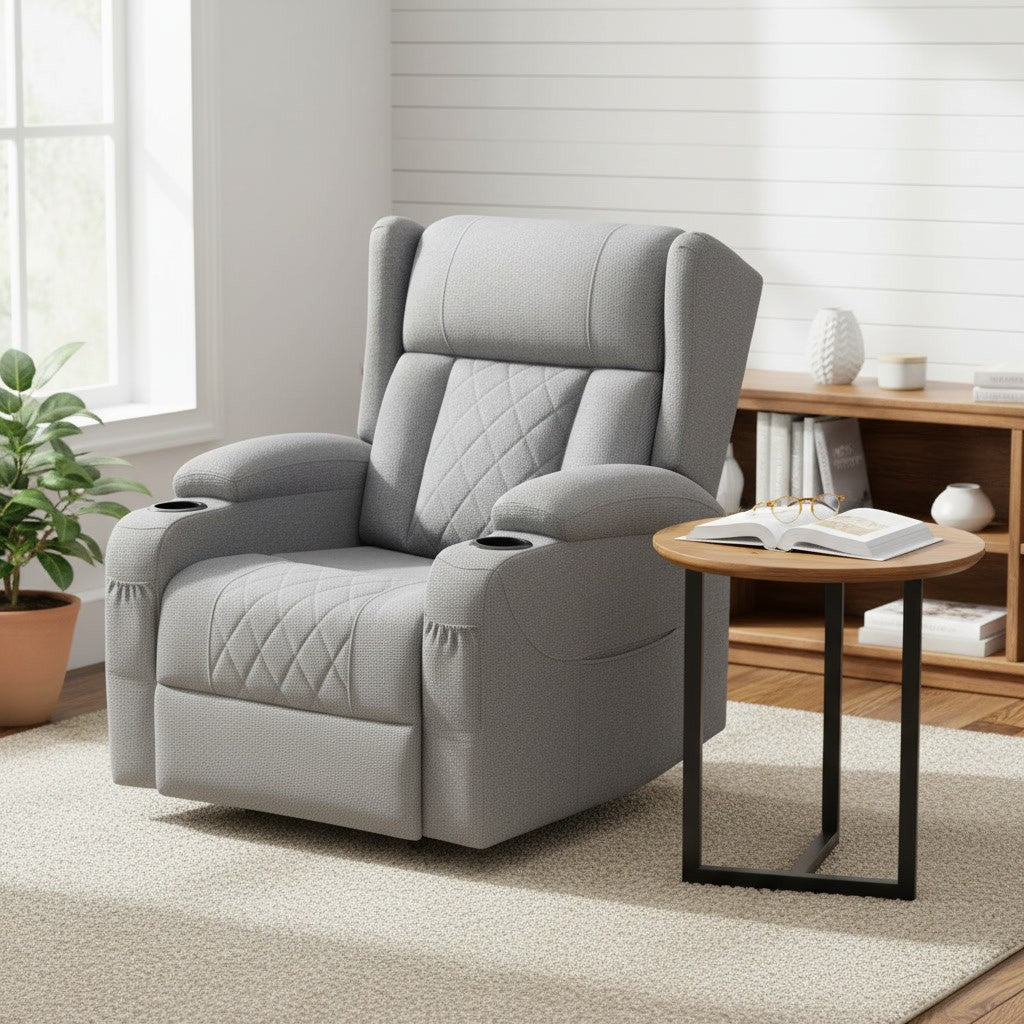 Fauteuil Relax Pivotant 360° avec Porte-Gobelet dans un salon avec table d'appoint
