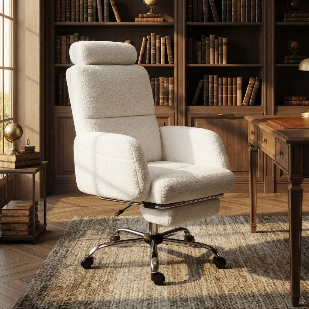 Chaise de Bureau Bouclette avec Repose-Pieds dans un bureau avec bibliothèque