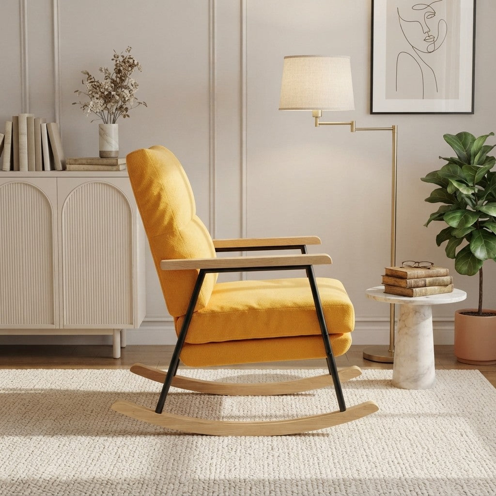 Fauteuil à Bascule Allaitement avec Repose-Pieds dans un coin lecture de salon, vue de profil